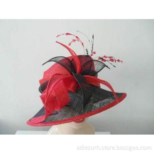 Red Two Layer Sinamay Ladies Hats With Coque Feathers For C
